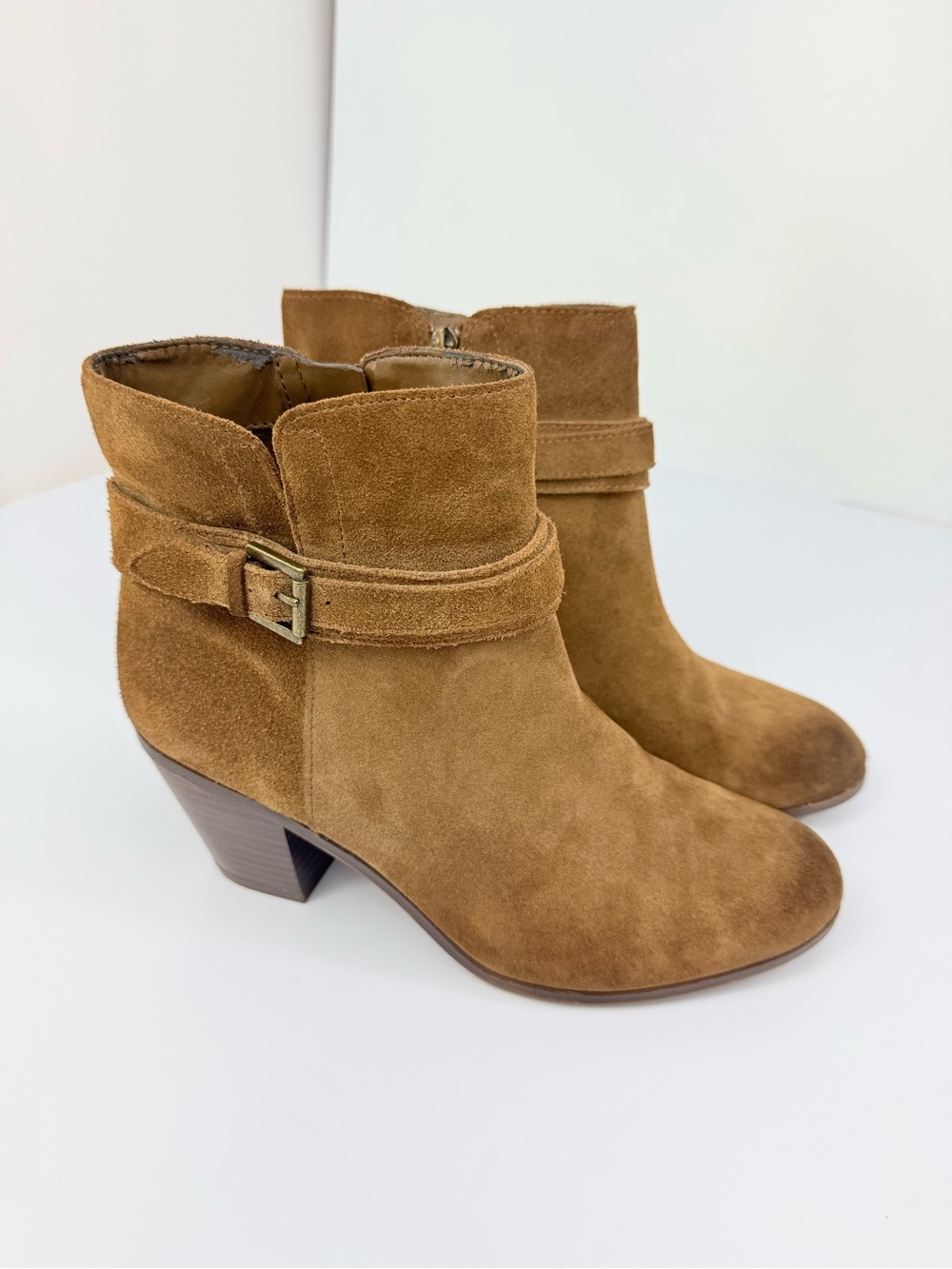 Sam Edelman LYNNE Brown Suede Leather Zip Side Strap Buckle Heeled Ankle Boots